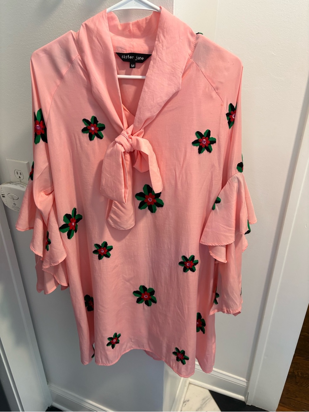 Sister Jane Peach-Pink Floral Tie-Neck Ruffle Tunic
